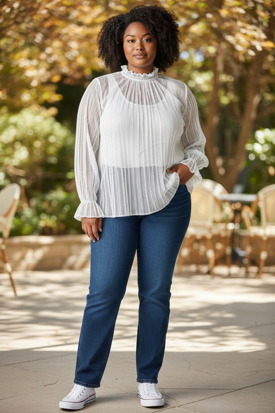 Sheer White Blouse Plus Size 4-5X Ruffles Romantic Whimsy Fairycore Pleated Top